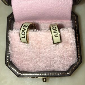 “Love Juicy” white enamel with gold earrings